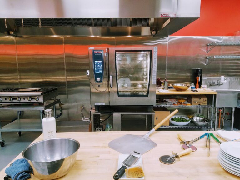 a kitchen with a cake on a table