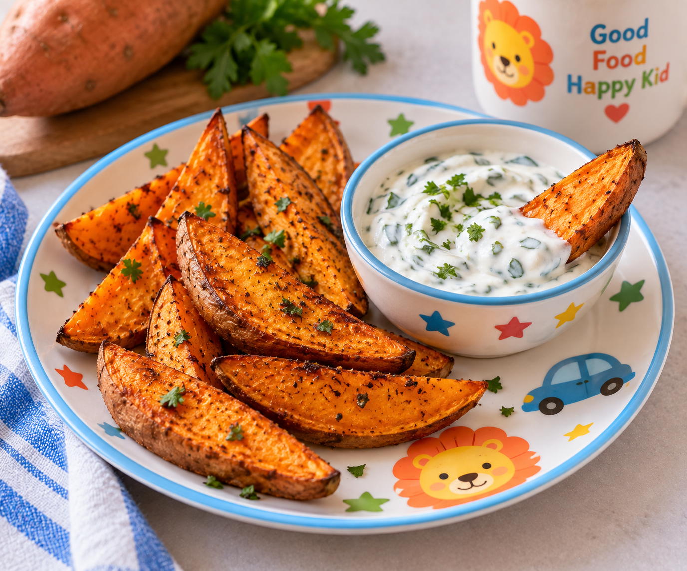 Baked Sweet Potato Wedges with Yogurt Sauce