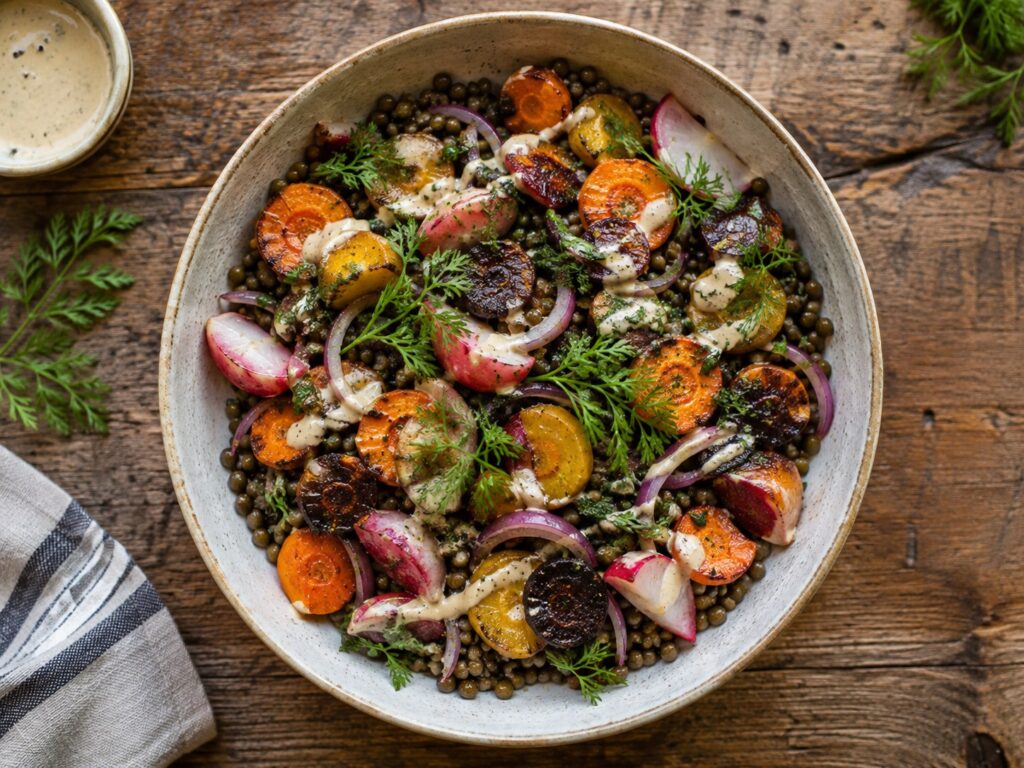 Roasted Carrot Lentil Salad with Tahini Dressing