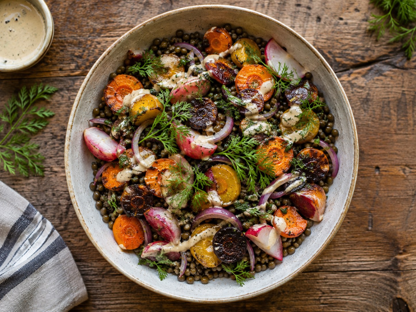 Roasted Carrot Lentil Salad with Tahini Dressing
