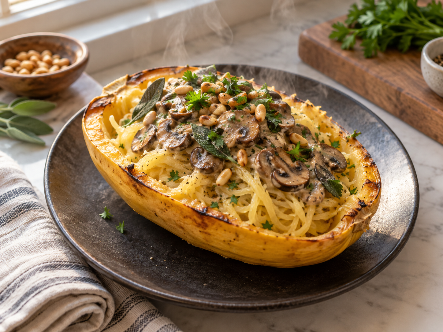 Roasted Spaghetti Squash with Sage and Mushroom Sauce