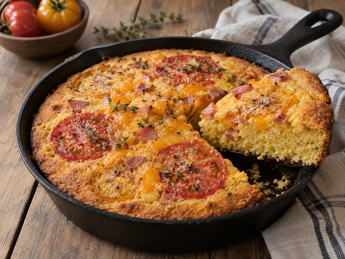 Tomato Cornbread with Cheddar Cheese and Ham