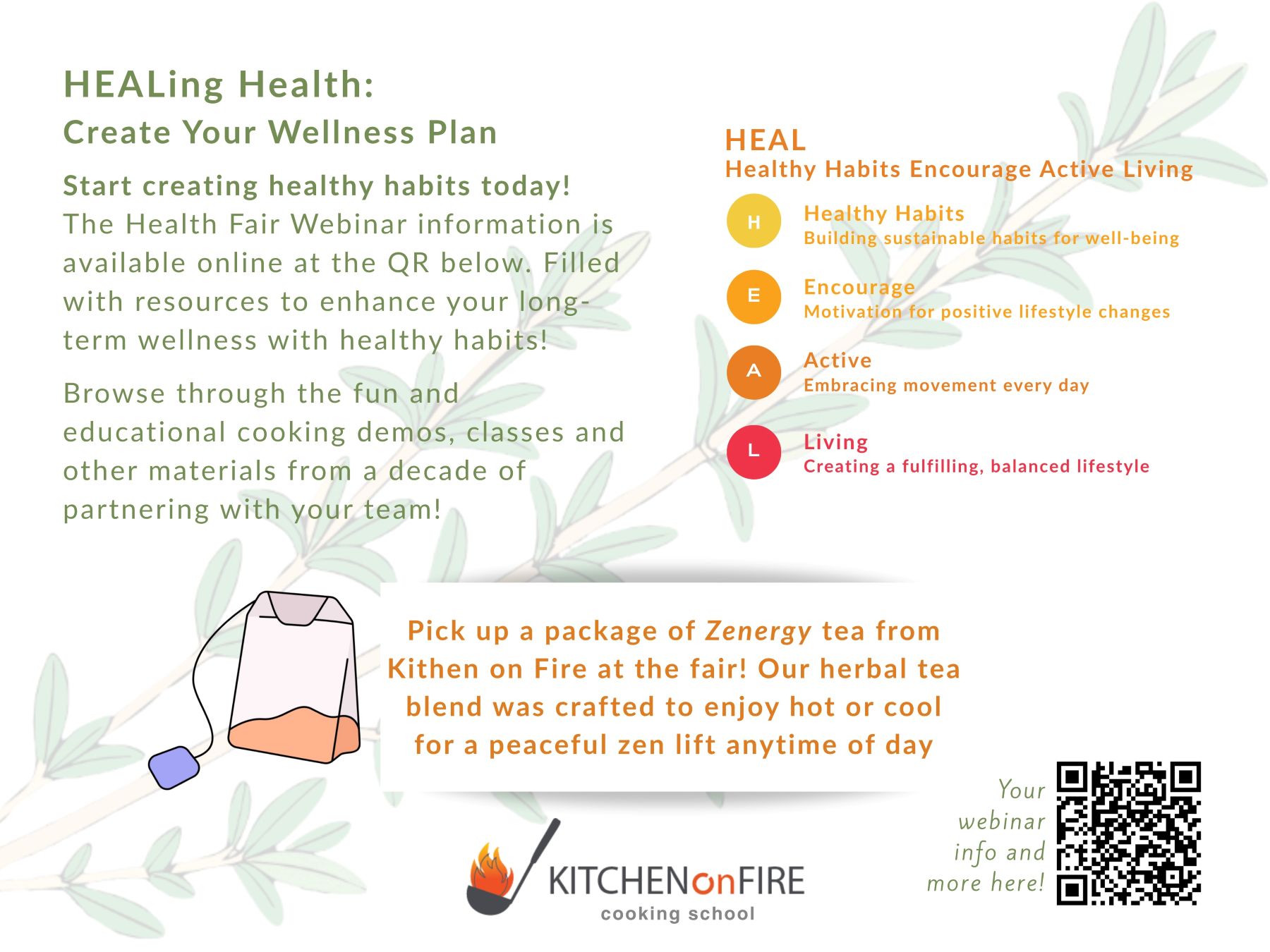 Wellness plan flyer with text on healthy habits, herbal tea, and a QR code.