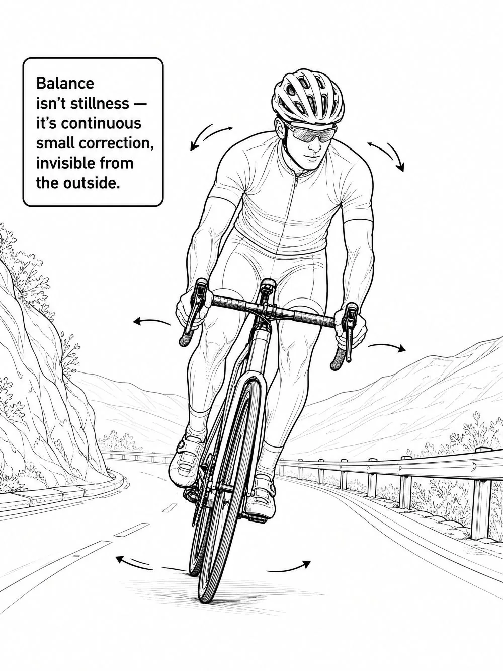 Body Genius illustration: a cyclist in motion with the caption "Balance isn't stillness, it's continuous small correction"