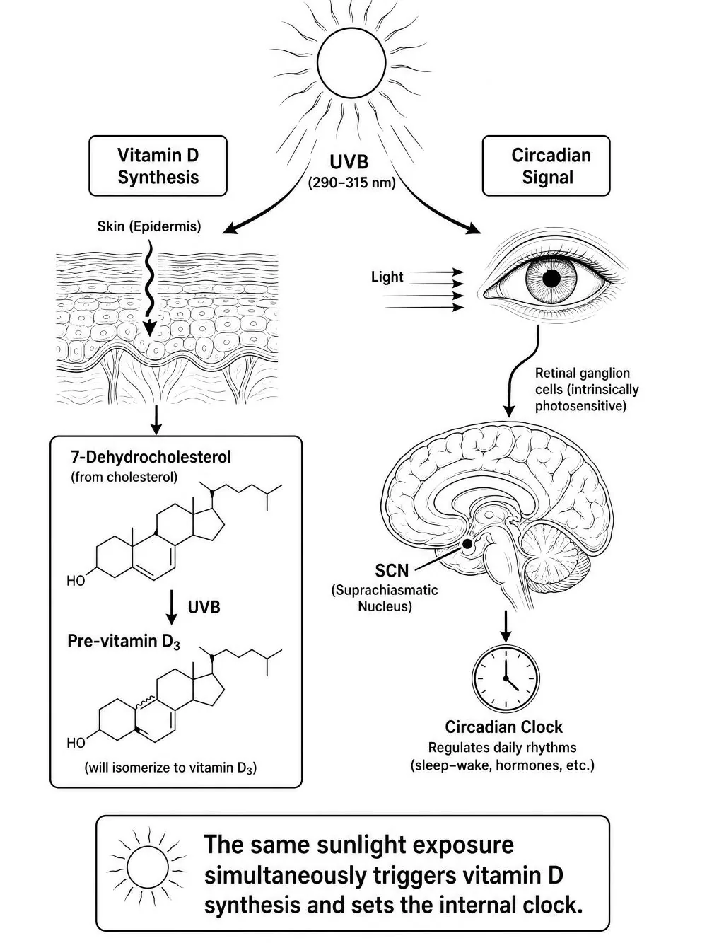 Body Genius illustration: the same morning sunlight triggers vitamin D synthesis in the skin and sets the body clock through the eyes